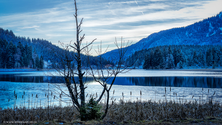 Ein stiller Bergsee im frühen Winter, bei Abendämmerung